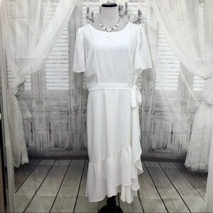 Alex Marie White Faux Wrap Flutter Sleeve Dress